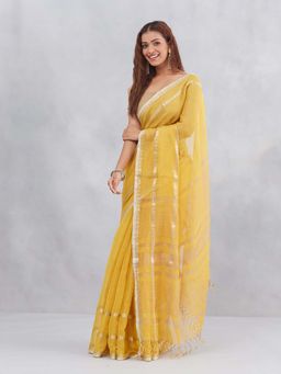 Fabindia - Yellow Cotton Blend Hand Woven Saree with Unstitched Blouse