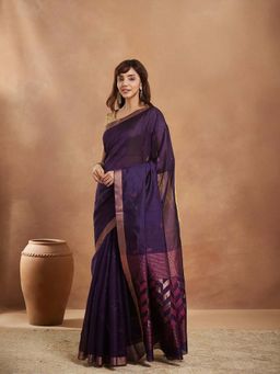 Fabindia - Purple Silk Jamdani Woven Saree with Unstitched Blouse