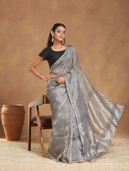 Fabindia - Grey Linen Blend Hand Woven Saree with Unstitched Blouse