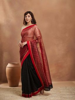 Fabindia - Black Silk Blend Hand Saree with Unstitched Blouse