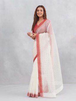 Fabindia - White Silk Blend Hand Saree with Unstitched Blouse