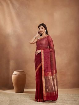 Fabindia - Maroon Silk Blend Hand Saree with Unstitched Blouse