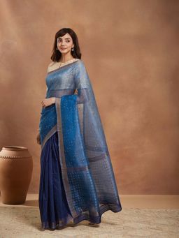 Fabindia - Navy Blue Silk Blend Hand Woven Saree with Unstitched Blouse