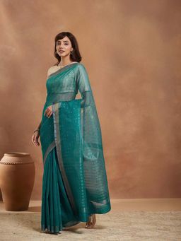 Fabindia - Teal Silk Blend Hand Woven Saree with Unstitched Blouse