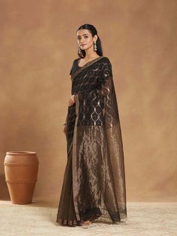 Fabindia - Black Cotton Silk Blend Woven Saree with Unstitched Blouse