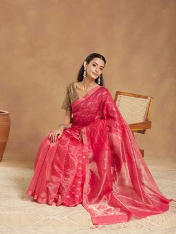 Fabindia - Pink Cotton Silk Blend Woven Saree with Unstitched Blouse