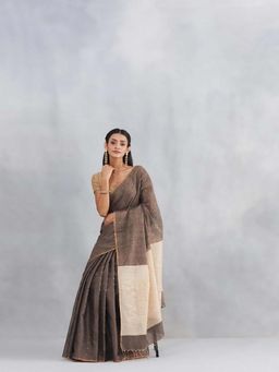 Fabindia - Grey Silk Blend Woven Saree with Unstitched Blouse