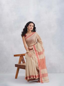 Fabindia - Red Cotton Silk Blend Saree with Unstitched Blouse