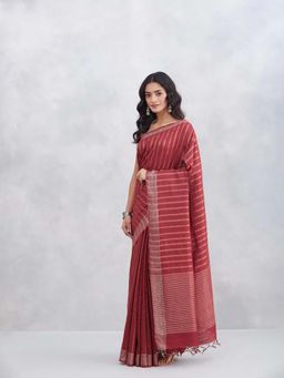 Fabindia - Maroon Viscose Silk Blend Saree with Unstitched Blouse