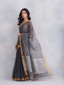 Fabindia - Grey Cotton Silk Blend Woven Saree with Unstitched Blouse
