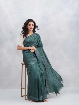 Fabindia - Green Silk Blend Woven Saree with Unstitched Blouse