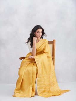 Fabindia - Yellow Silk Blend Woven Saree with Unstitched Blouse