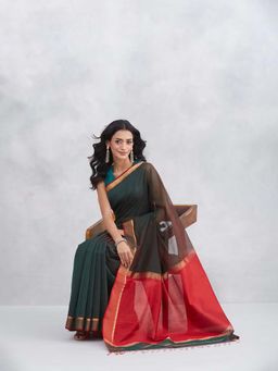 Fabindia - Green Cotton Silk Blend Woven Saree with Unstitched Blouse