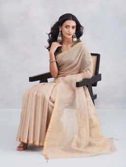 Fabindia - Beige Cotton Silk Blend Woven Saree with Unstitched Blouse