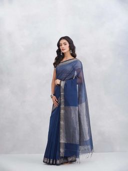 Fabindia - Blue Cotton Silk Blend Woven Saree with Unstitched Blouse