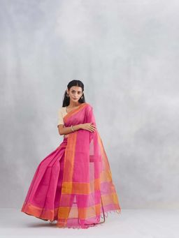 Fabindia - Pink Cotton Blend Woven Saree with Unstitched Blouse