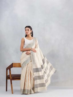 Fabindia - Beige Silk Blend Woven Saree with Unstitched Blouse