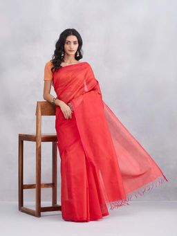 Fabindia - Red Cotton Silk Saree with Unstitched Blouse