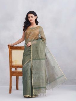 Fabindia - Green Cotton Silk Blend Saree with Unstitched Blouse