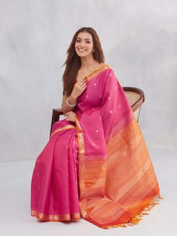 Fabindia - Pink Silk Blend Woven Saree with Unstitched Blouse