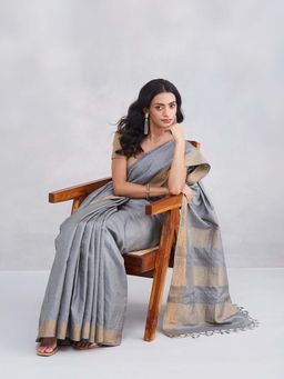 Fabindia - Grey Silk Blend Woven Saree with Unstitched Blouse