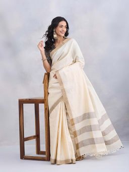 Fabindia - Beige Silk Blend Woven Saree with Unstitched Blouse