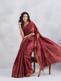 Fabindia - Maroon Silk Blend Woven Saree with Unstitched Blouse
