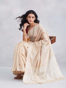 Fabindia - Beige Silk Blend Woven Saree with Unstitched Blouse