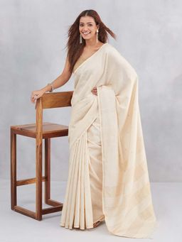 Fabindia - Beige Silk Blend Woven Saree with Unstitched Blouse