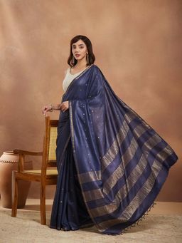 Fabindia - Navy Blue Silk Blend Woven Saree with Unstitched Blouse