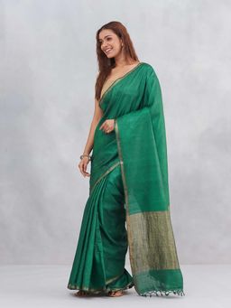 Fabindia - Green Silk Blend Woven Saree with Unstitched Blouse