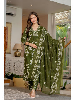 GEKHA - Women Olive Printed Cotton Kurta and Pant with Dupatta