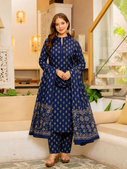 GEKHA - Women Navy Blue Printed Cotton Kurta and Pant with Dupatta