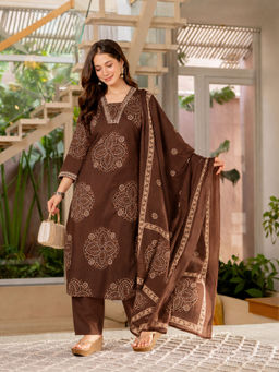GEKHA - Women Brown Printed Cotton Kurta and Pant with Dupatta