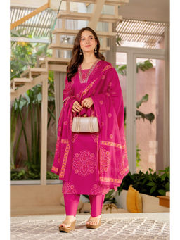 GEKHA - Women Pink Printed Cotton Kurta and Pant with Dupatta