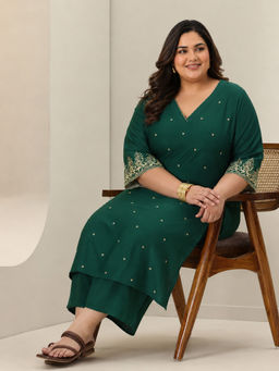 Extra love by Libas - Women Green Embroidered Viscose Kurta with Pant