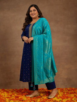 Extra love by Libas - Women Blue Printed Silk Kurta and Pant with Dupatta