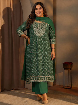 Extra love by Libas - Women Green Printed Silk Blend Anarkali Kurta and Pant with Dupatta