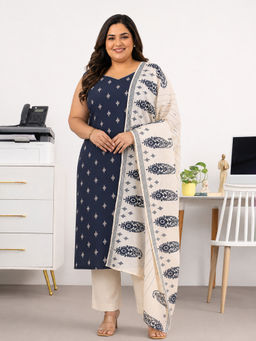 Extra love by Libas - Women Navy Blue Printed Cotton Kurta and Pant with Dupatta