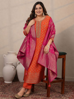 Extra love by Libas - Women Orange Printed Silk Blend Kurta and Pant with Dupatta