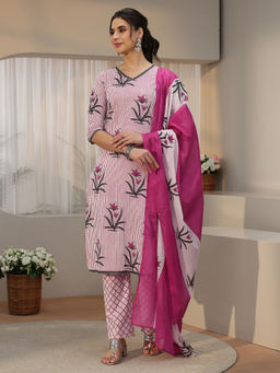 Libas - Women Pink Stripes Cotton Kurta and Pant with Dupatta