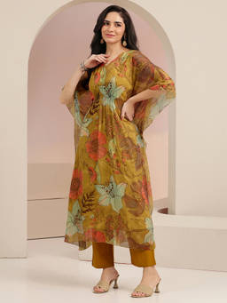 Libas - Women Mustard Printed Chiffon Kaftan with Pant