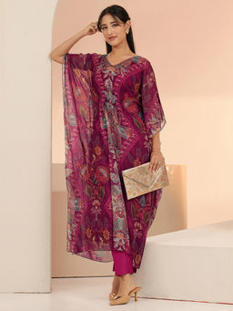 Libas - Women Burgundy Printed Chiffon Kaftan with Pant