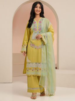 Libas - Women Yellow Embroidered Cotton Kurta and Pant with Dupatta