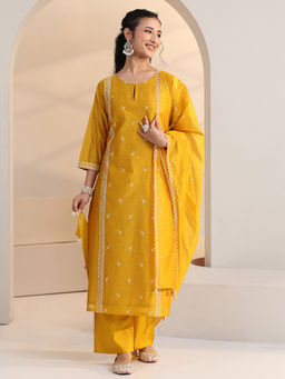 Libas - Women Yellow Printed Chanderi Silk Kurta and Pant with Dupatta