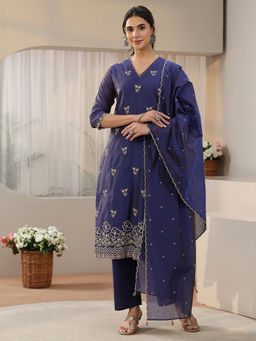 Libas - Women Navy Blue Embroidered Chanderi Silk Kurta and Pant with Dupatta