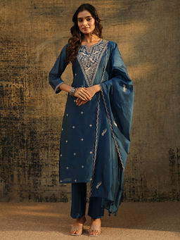 Libas - Women Blue Embroidered Chanderi Silk Kurta and Pant with Dupatta