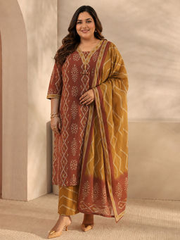 Extra love by Libas - Women Mustard Printed Cotton Kurta and Pant with Dupatta