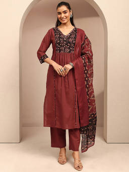 Libas - Women Rust Embellished & Sequined Cotton Kurta and Pant with Dupatta