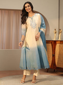 Libas - Women Beige Mirror Work Silk Blend Anarkali Kurta and Pant with Dupatta